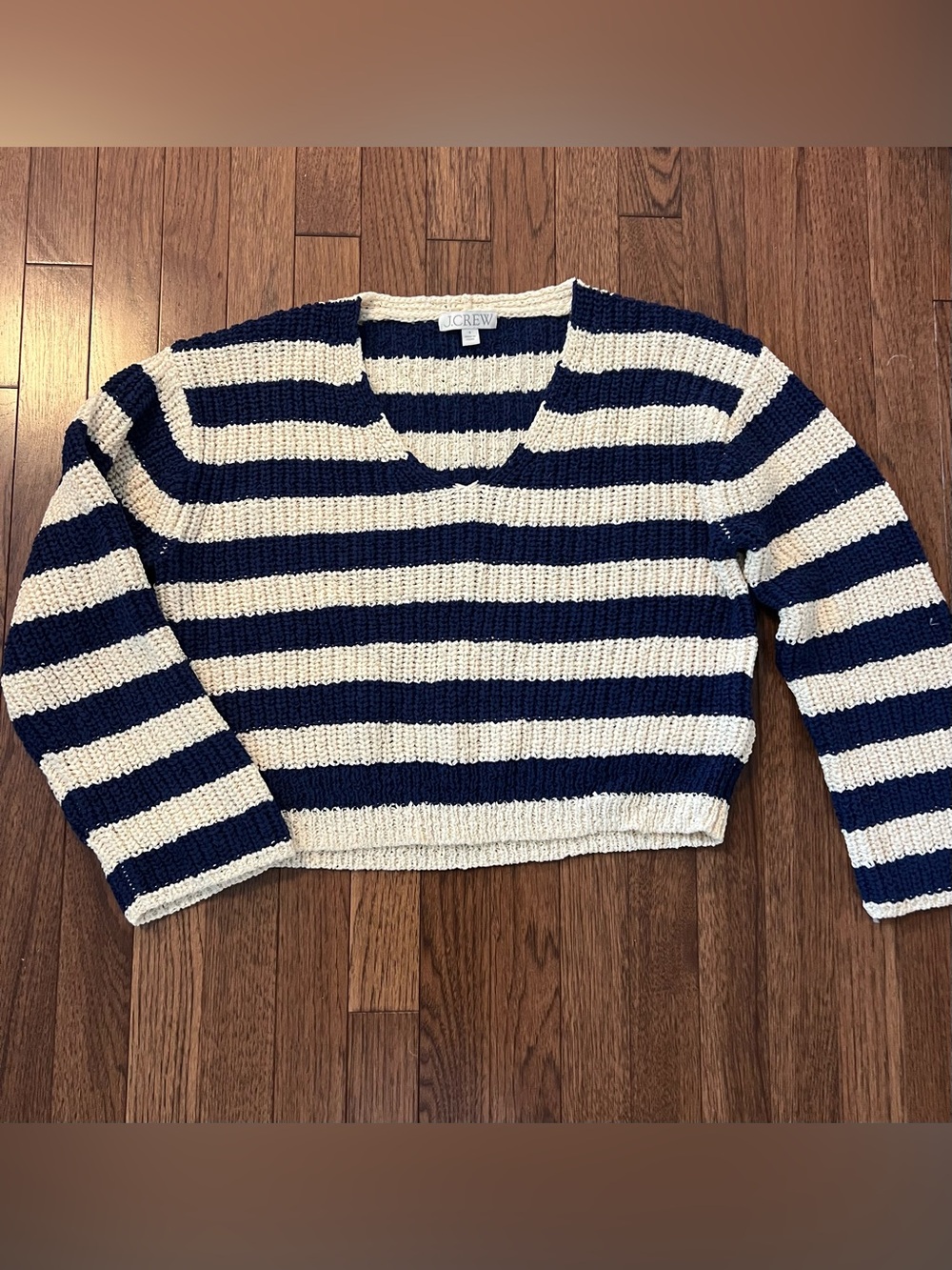 J. Crew Montauk Navy and Cream Striped V-Neck Sweater